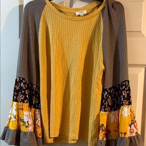 Umgee Mustard and Charcoal Long Sleeve Top with Floral Details